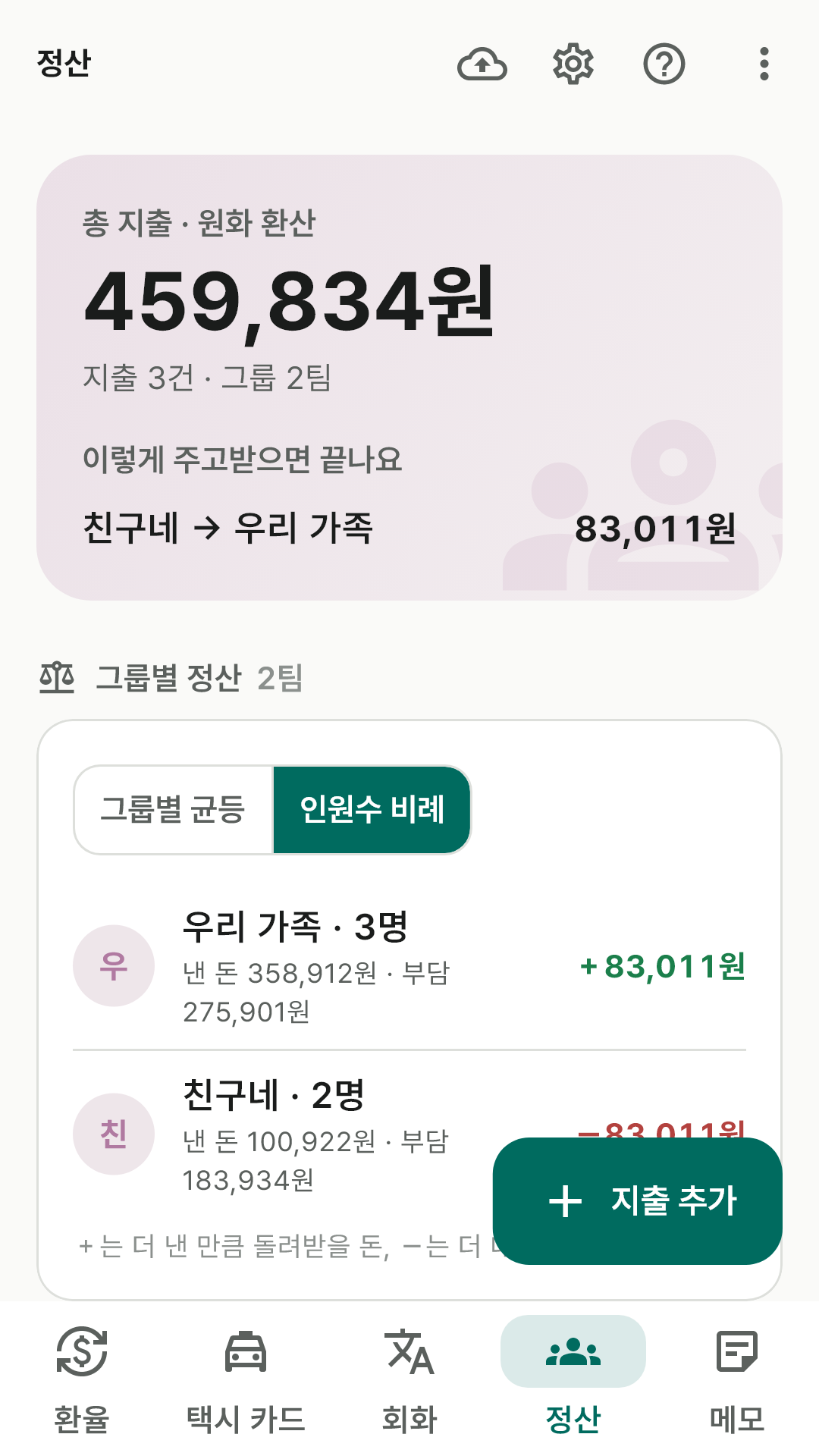 총 지출과 송금 안내가 든 정산 면, 그룹별 정산 카드