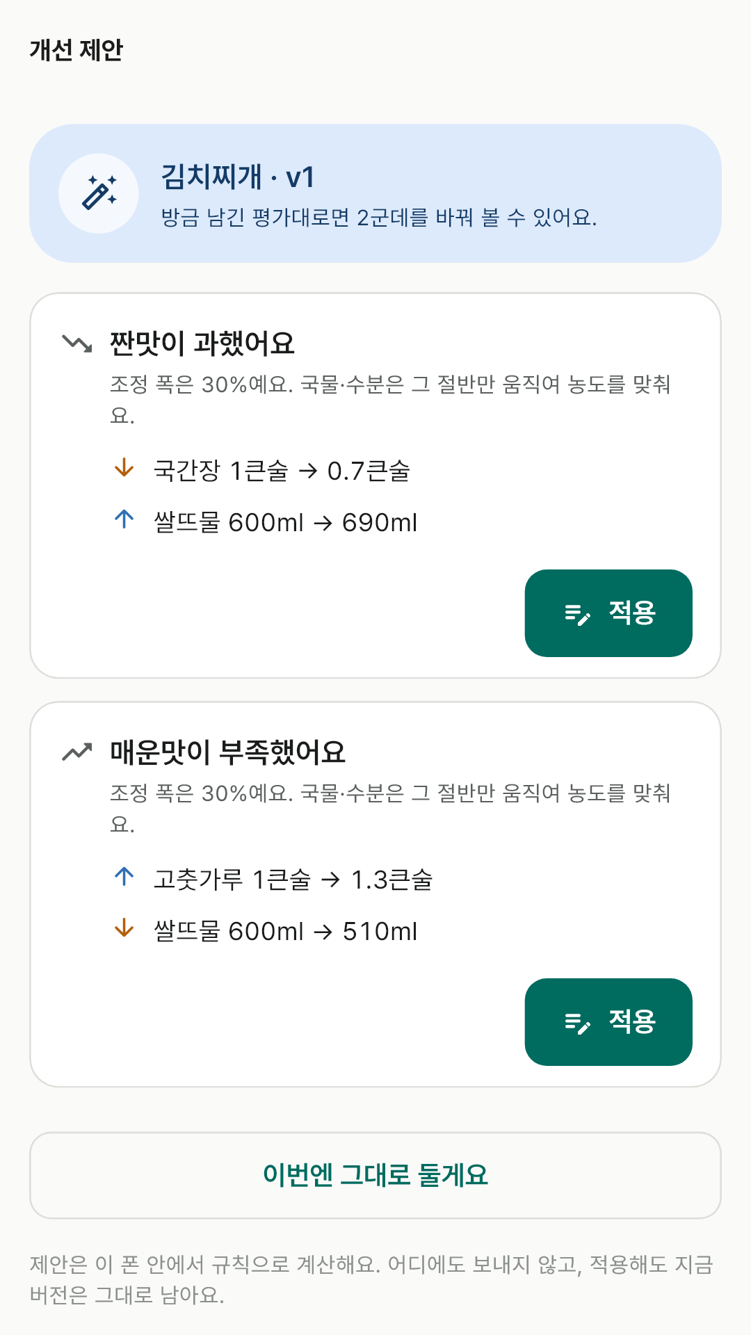 평가에 맞춰 재료 양을 바꿔 보라고 제안하는 개선 제안 화면