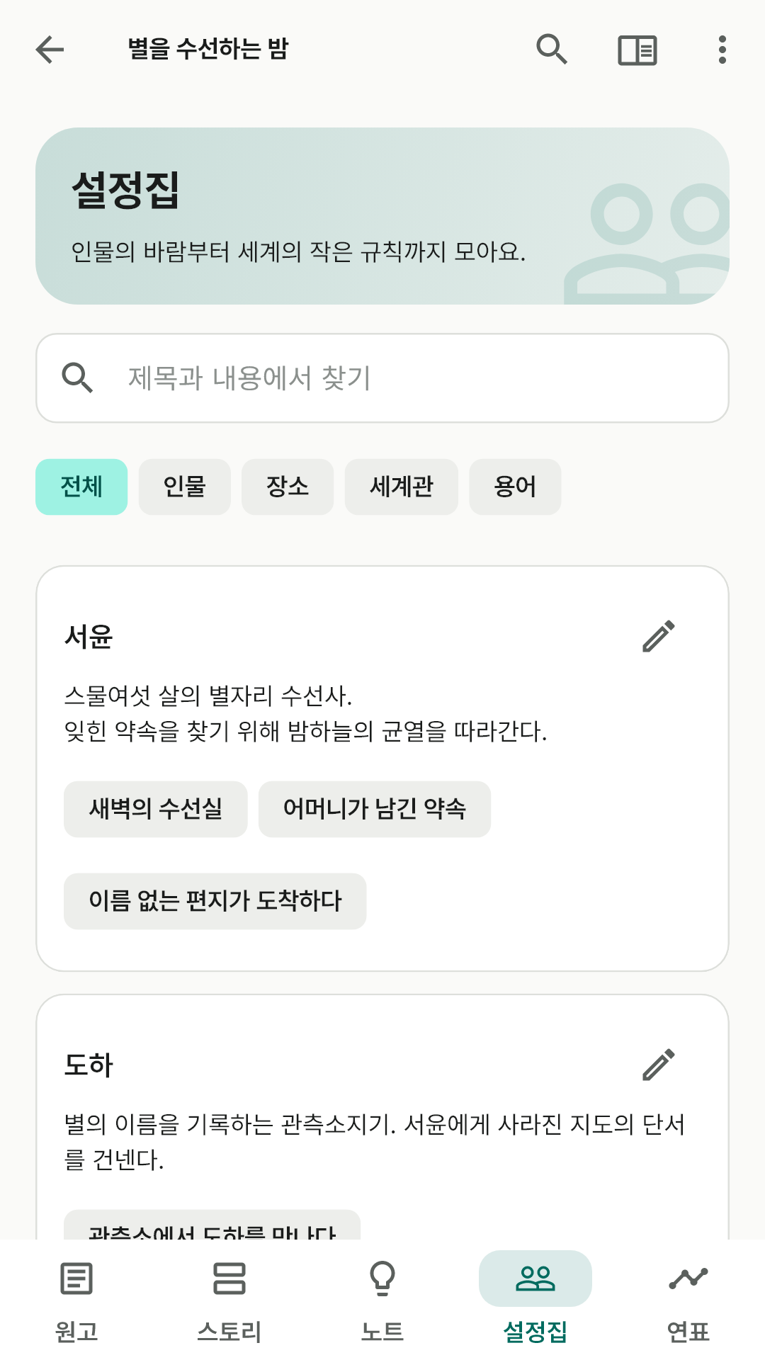 인물과 연결된 장면을 보여 주는 설정집